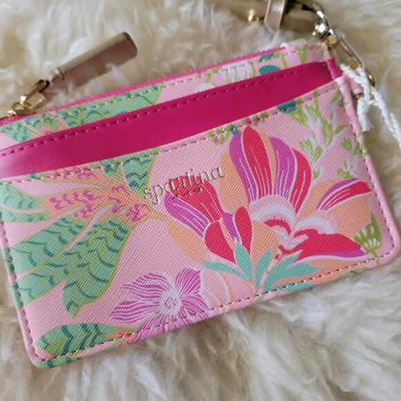 New Spartina 449 Slim Card Coin Purse Wristlet StrapPink Green Floral - Picture 3 of 5
